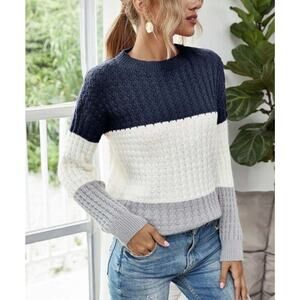 Navy Gray Colorblock Crew Sweater MEDIUM Oversized Soft Boyfriend White Soft